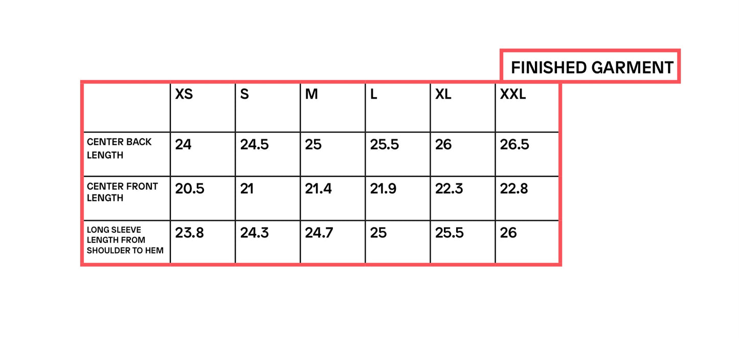 Finished garment measurements