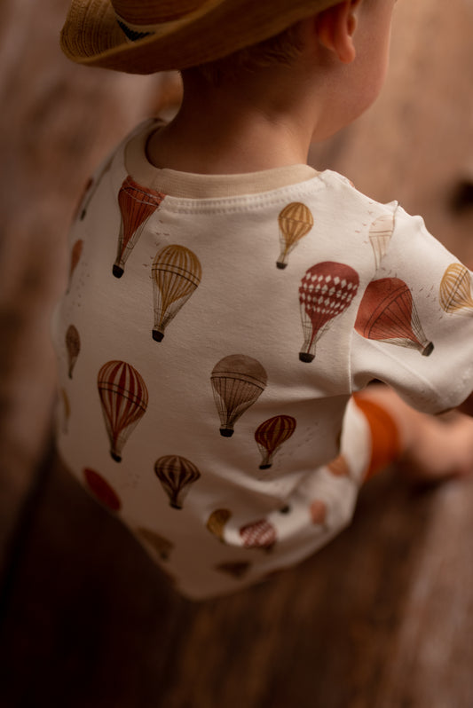 Vintage hot air balloon cotton jersey t-shirt with matching burnt ochre harem shorts set, handmade