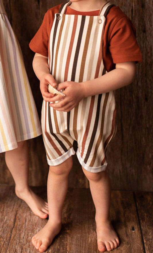 Boy's striped brown dungarees, summer outfit for kids, handmade